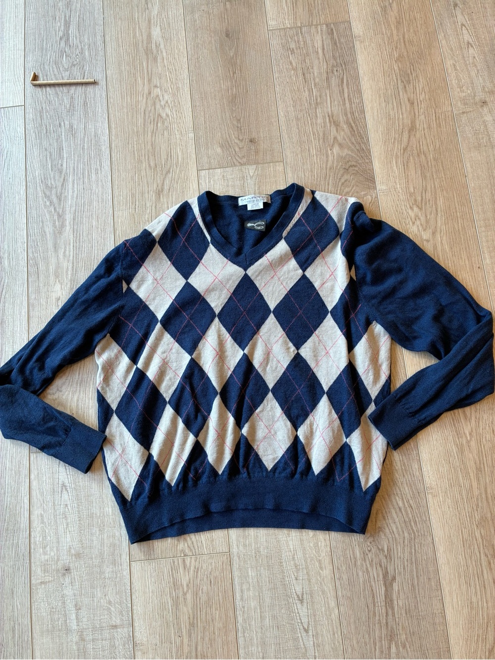Vintage Martin Navy & Cream Argyle V-Neck Sweater lightweight merino blend Large